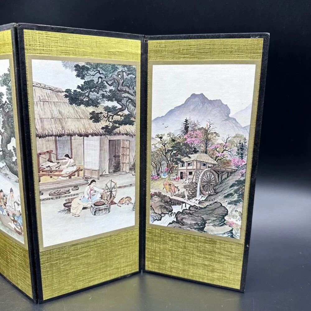Vintage Korean Village Life Mini Folding Screen Art Decor Tabletop Display Asian